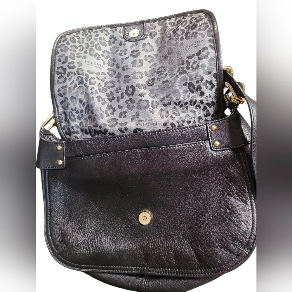 Perlina Black and Leopard Print Leather Women's Crossbody Bag